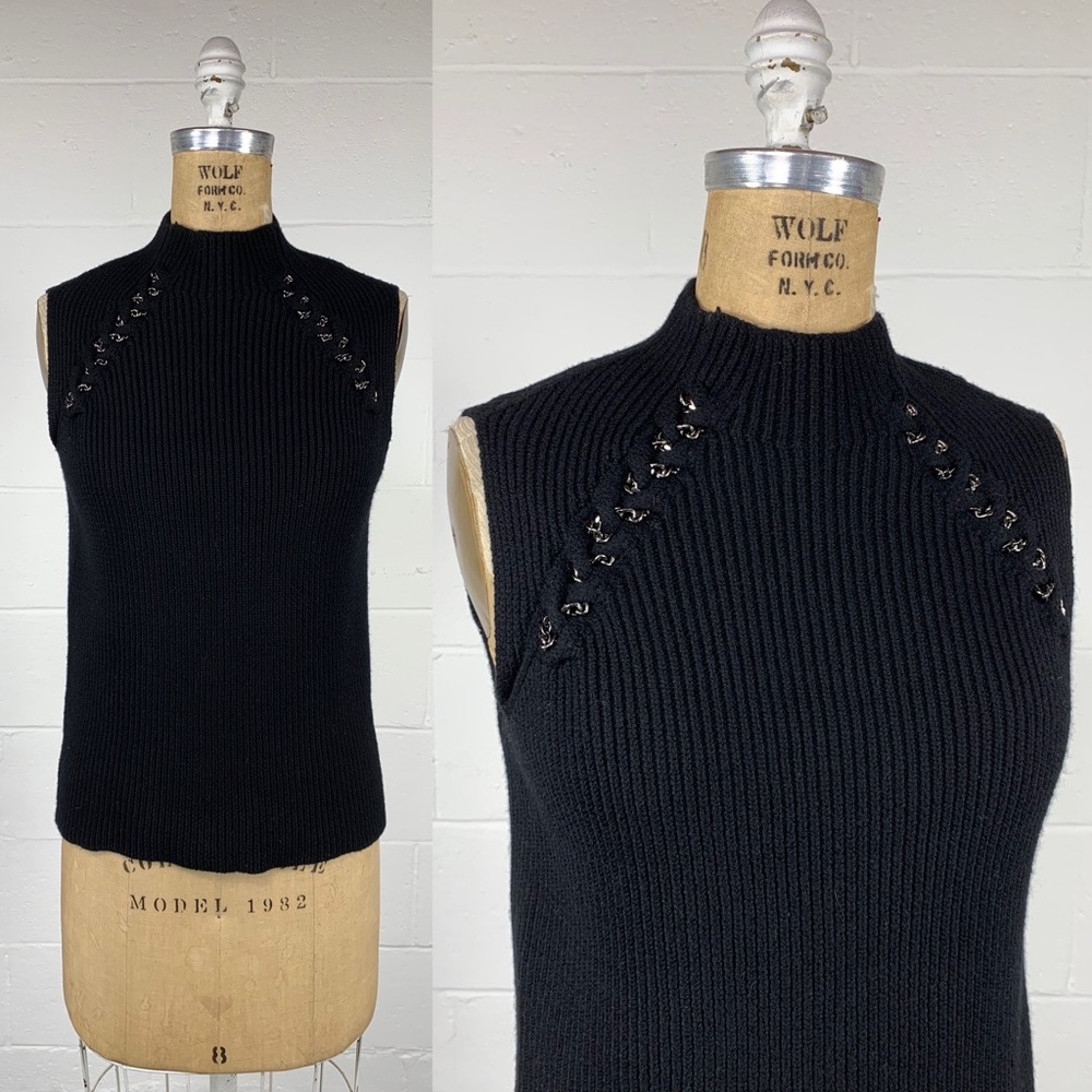 Ramy Brook Black Merino Wool Ribbed Chain Link Sweater Vest Sleeveless Jumper S